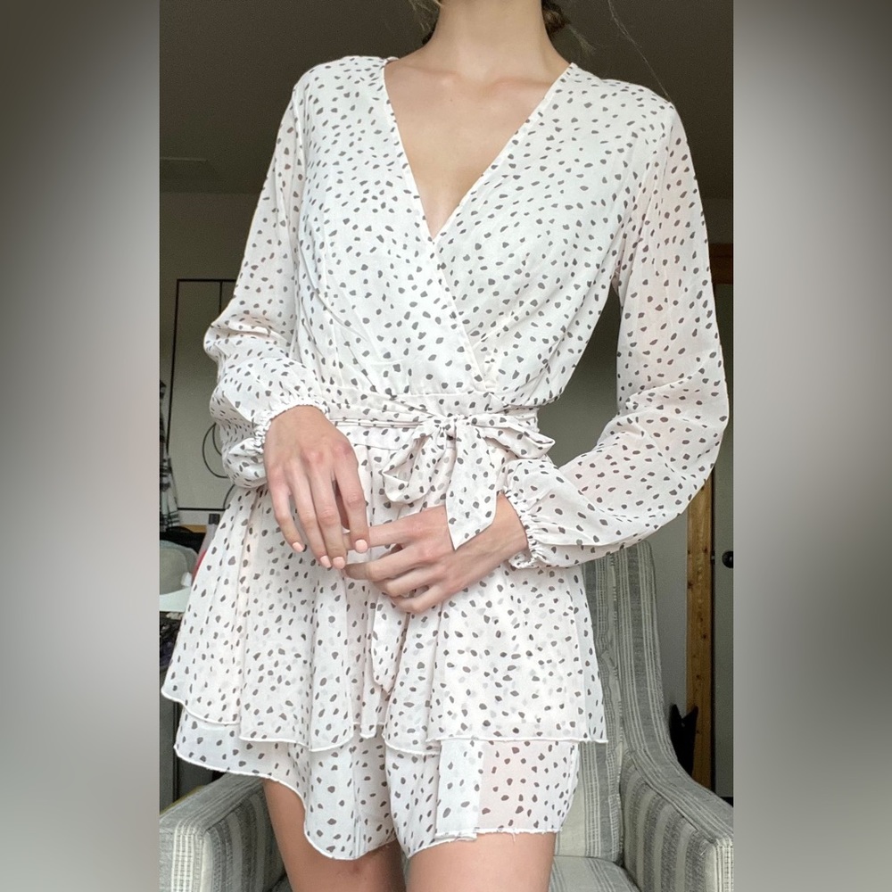 Women’s Long Sleeve White Polka Dot Romper
